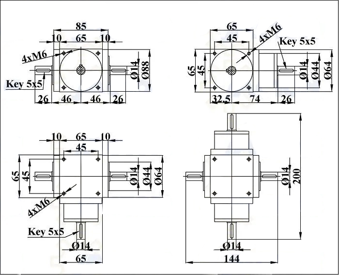 Small Size Mini Right Angle 1:1 Ratio JTP65 Spiral Bevel Gearbox Dimension Drawing